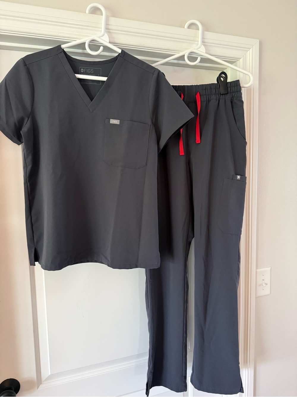 Figs Charcoal Scrub Top and Jogger Pants with Red Drawstrings